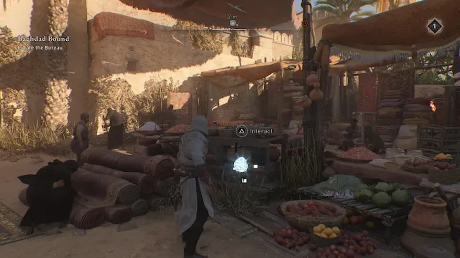 A historical site can be easily seen from afar in Assassin's Creed Mirage due to the blue orb that represents it (Image via Ubisoft)